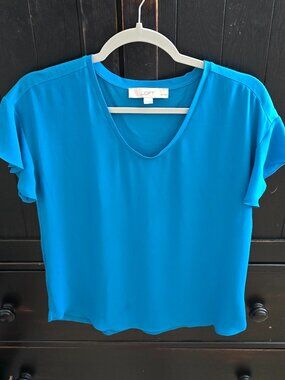 LOFT Teal Blue Sheer Sleeve Soft Mixed Media Blouse Small